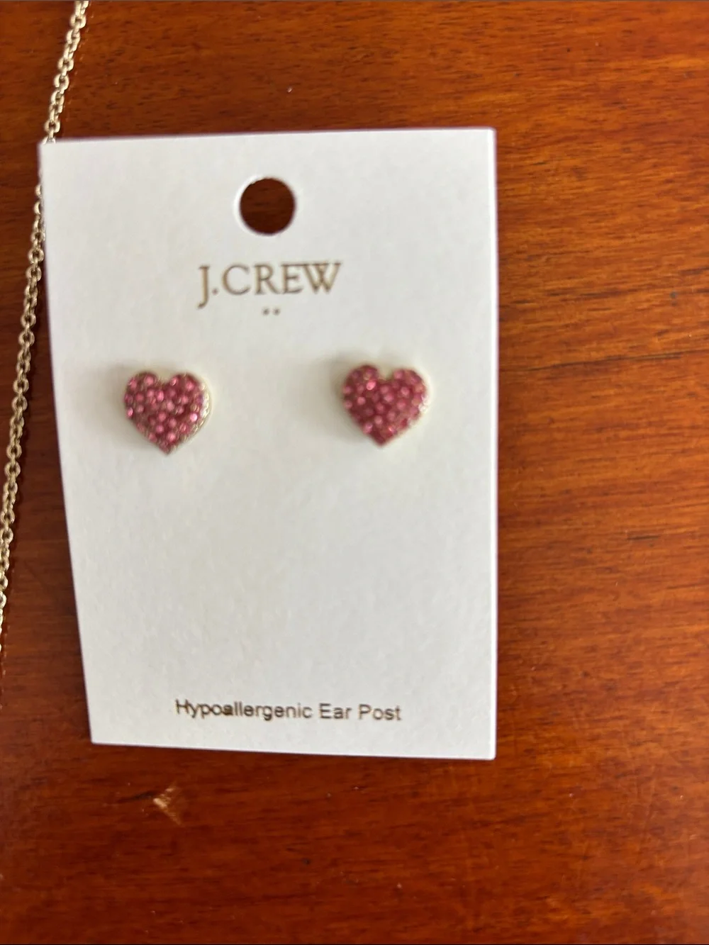 J. Crew Gold Chain Necklace with Pink Crystal Heart Pendant and Matching Studs